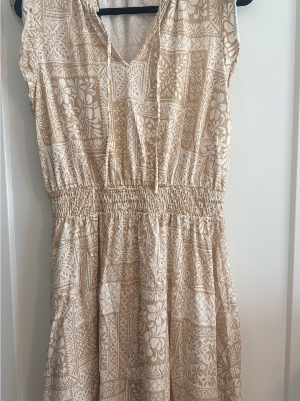 LOFT Cream and Beige Printed V-Neck Midi Dress